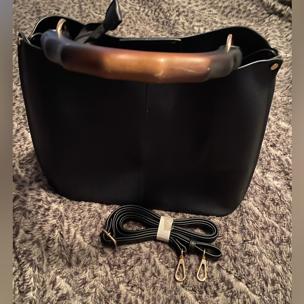 Charming Charlie Bag with Wooden Handle with Gold Detail
